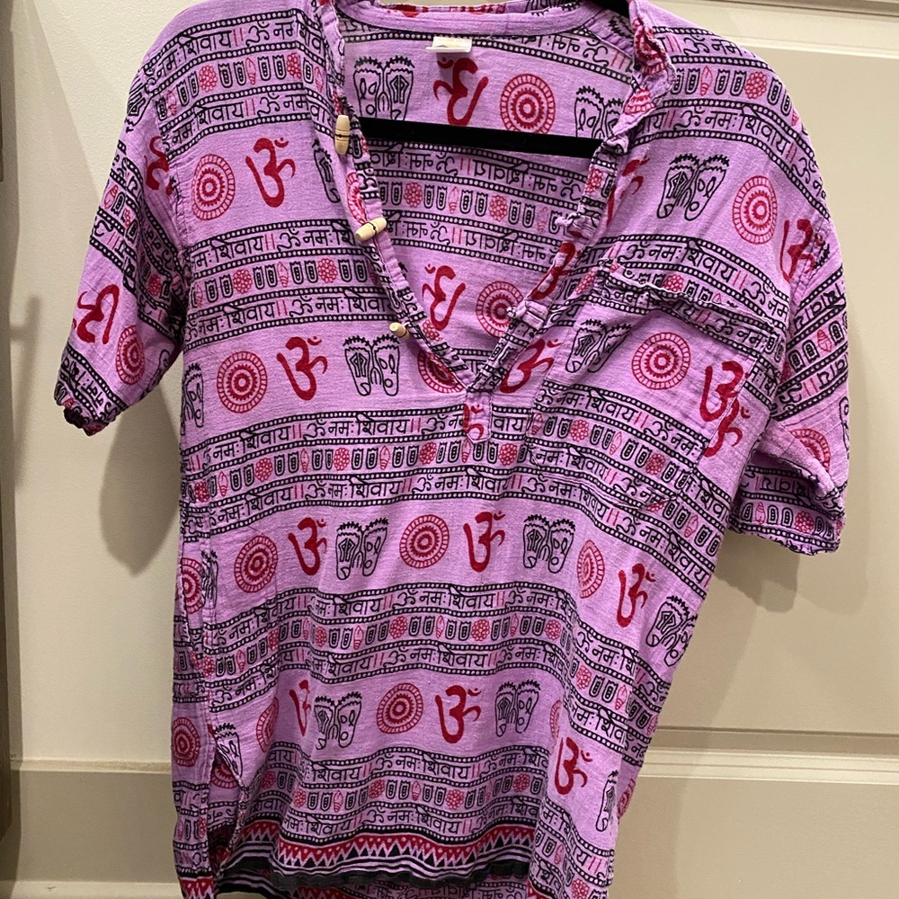 Vibrant Purple and Red Button Down Tribal Shirt with Geometric Patterns